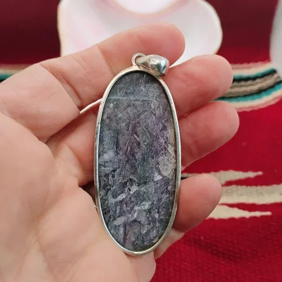 Large Oval Purple Charoite Slab Pendant in Sterling Silver 2 3/4" Long - Picture 6 of 8